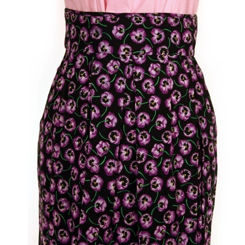 Vintage Worthington Midi Skirt 14 Black Violet Pansy Print High Waist - Hey Viv